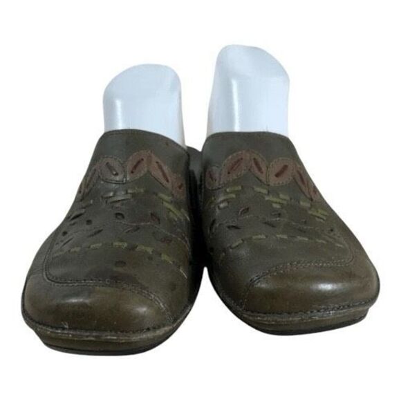 Clarks Olive Green Leather Embroidered Mules Slides Casual Shoes Women Size 9M - Picture 3 of 12